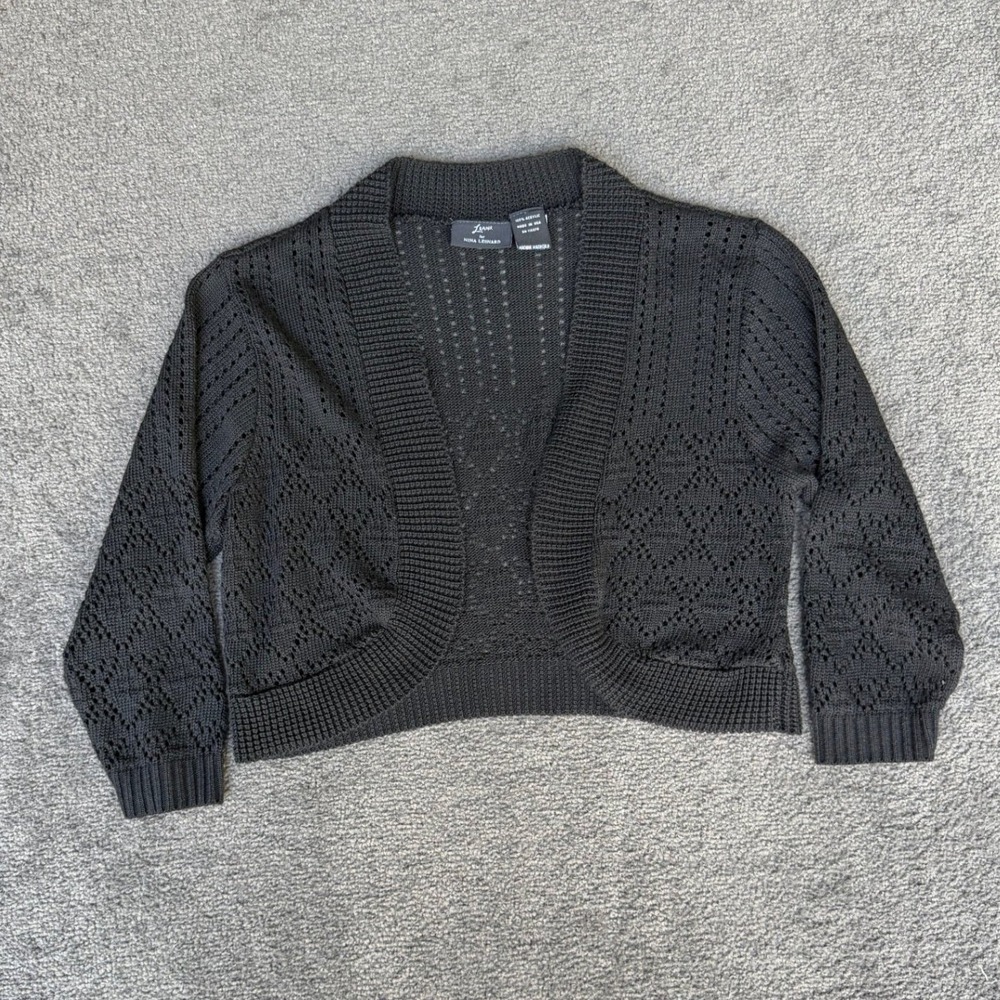 Nina Leonard Black Pointelle Knit Shrug Cropped Bolero Sweater Women Large USA